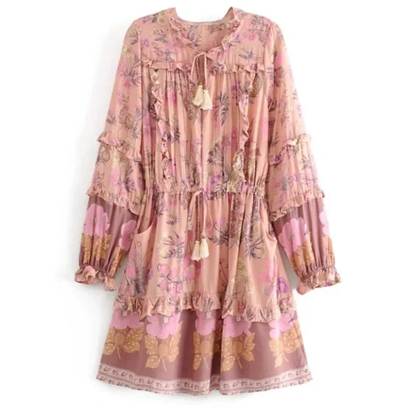 SOLD OUT Boho Gypsy Floral Long Sleeve Ruffle Mini Dress - Picture 5 of 10